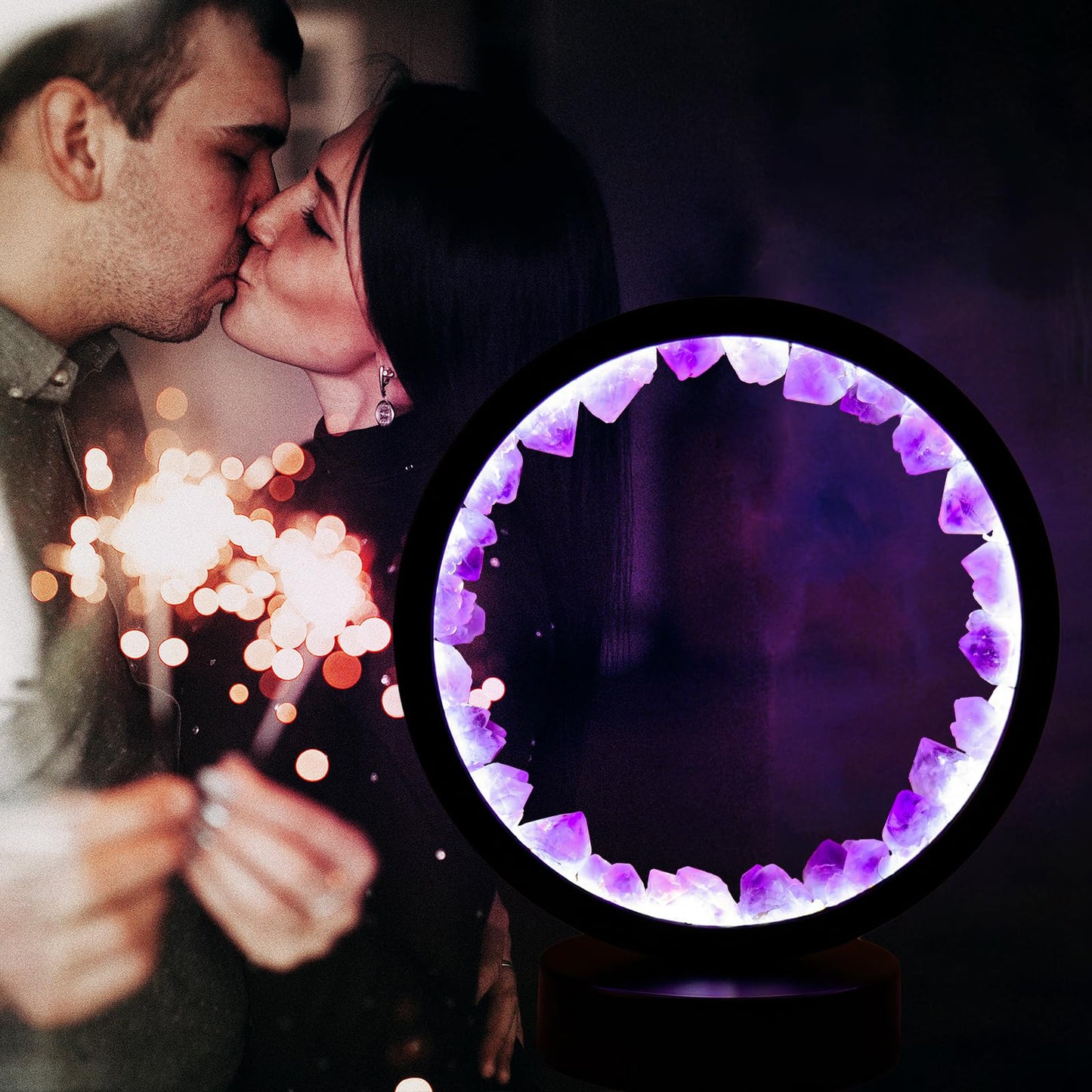 Runyangshi Amethyst Tooth Night Lamp 8.6" Natural Healing Crystal Bedside Lamp USB Port 3 Colours Dimming Mode Bedroom Lamp Suitable Night Light Ideal Gift