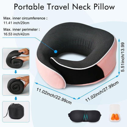 Neck Pillow for Travel, Airplane Memory Foam Plane Pillow Adjustable 12-18", Lightweight Breathable Flight Pillow with Pouch, Office & Car Use, Durable Washable Fabric Pink