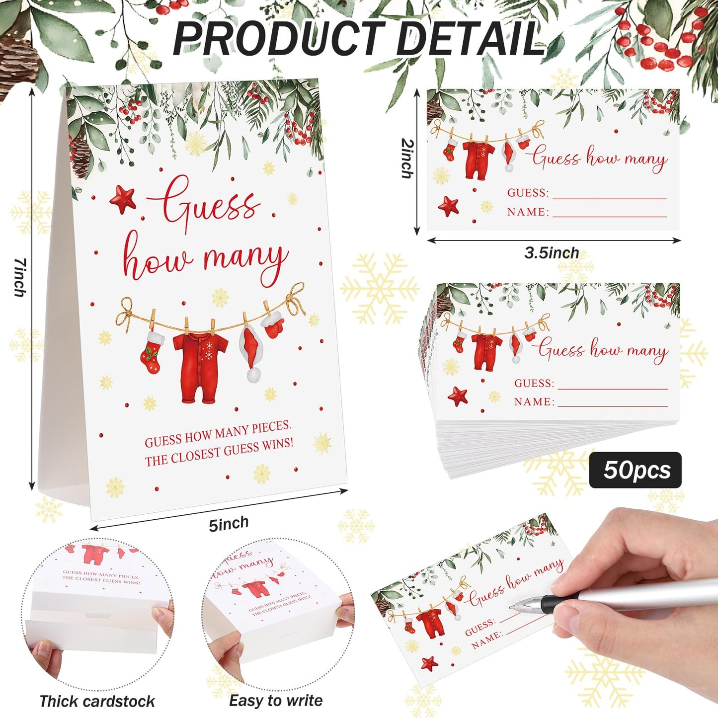 Lerheedi Christmas Guess How Many Baby Shower Game Pack of 1 Tabletop Sign with Stand and 50 How Many Cards, Christmas Gender Reveal Party Game Decorations(Santa)