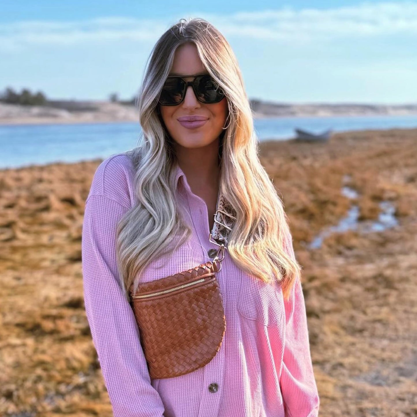 Babs + Birdie The Fiona | Woven Bum Bag | Stylish Woven Crossbody Pack | Adjustable Strap for Travel Festivals & Everyday | Brown & White Checkered