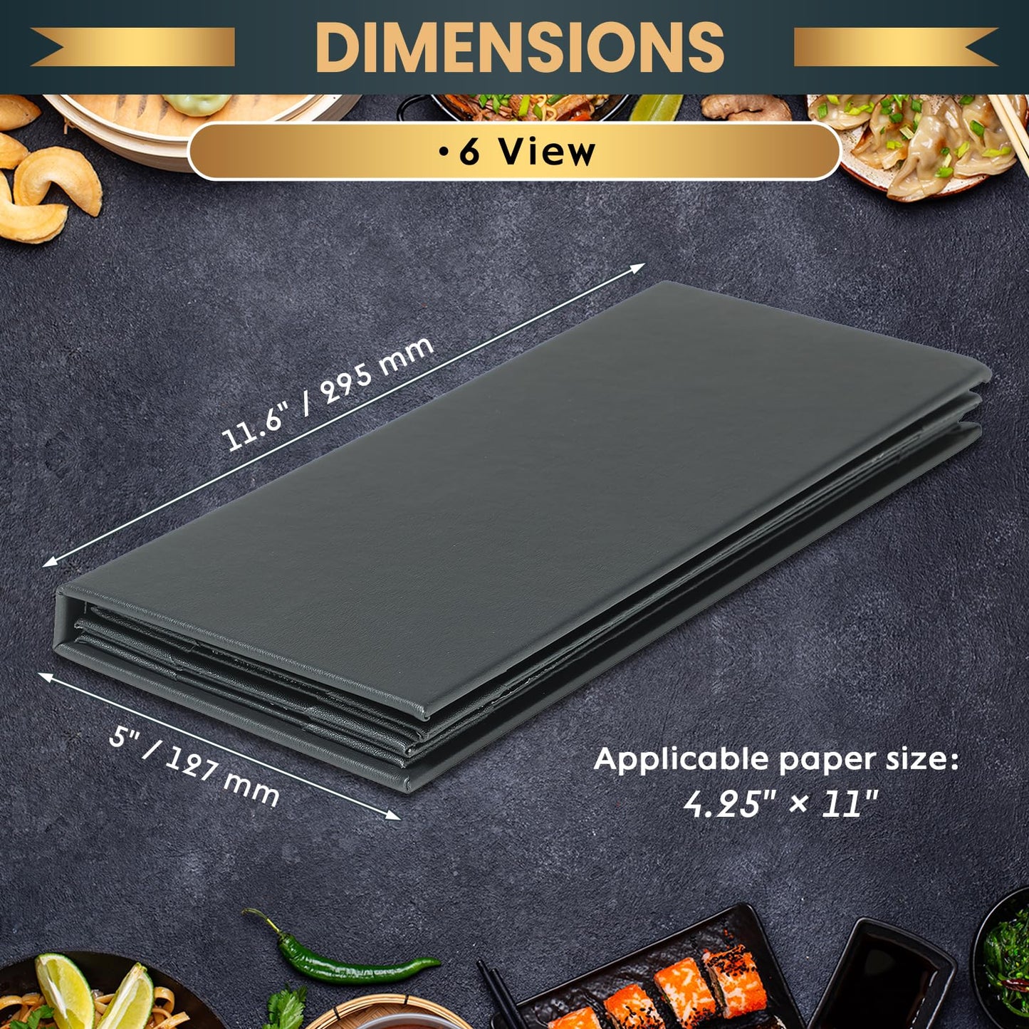 AMGSH Menu Holder Menu Covers 4.25" x 11" | 10 Pack Black Leather Menu Sleeves Book Style for Restaurant Coffee Bars Wine List (6 View, 10 Pack)