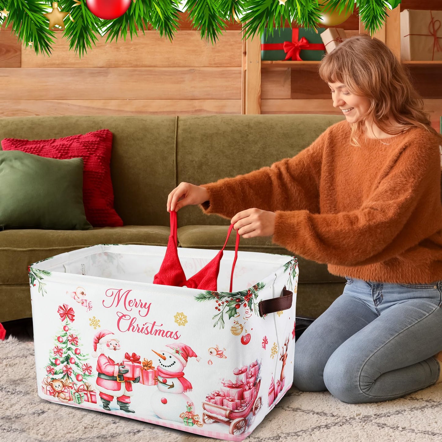 Geelin 3 Pcs Large Christmas Baskets 15 x 11 x 9.5 Inch Empty Xmas Storage Bin with Handles Collapsible Waterproof Extra Big Foldable Gift Basket for Office Home Bedroom Cloth Toy Gift(Rustic)
