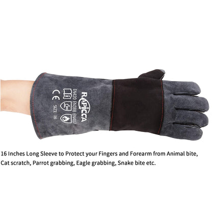 RAPICCA Animal Handling Gloves Bite Proof Double Leather Reinforced Padding Dog,Cat Scratch,Bird Handling Falconry Gloves Grabbing Reptile Squirrel Snake Bite 16in Grey-Black