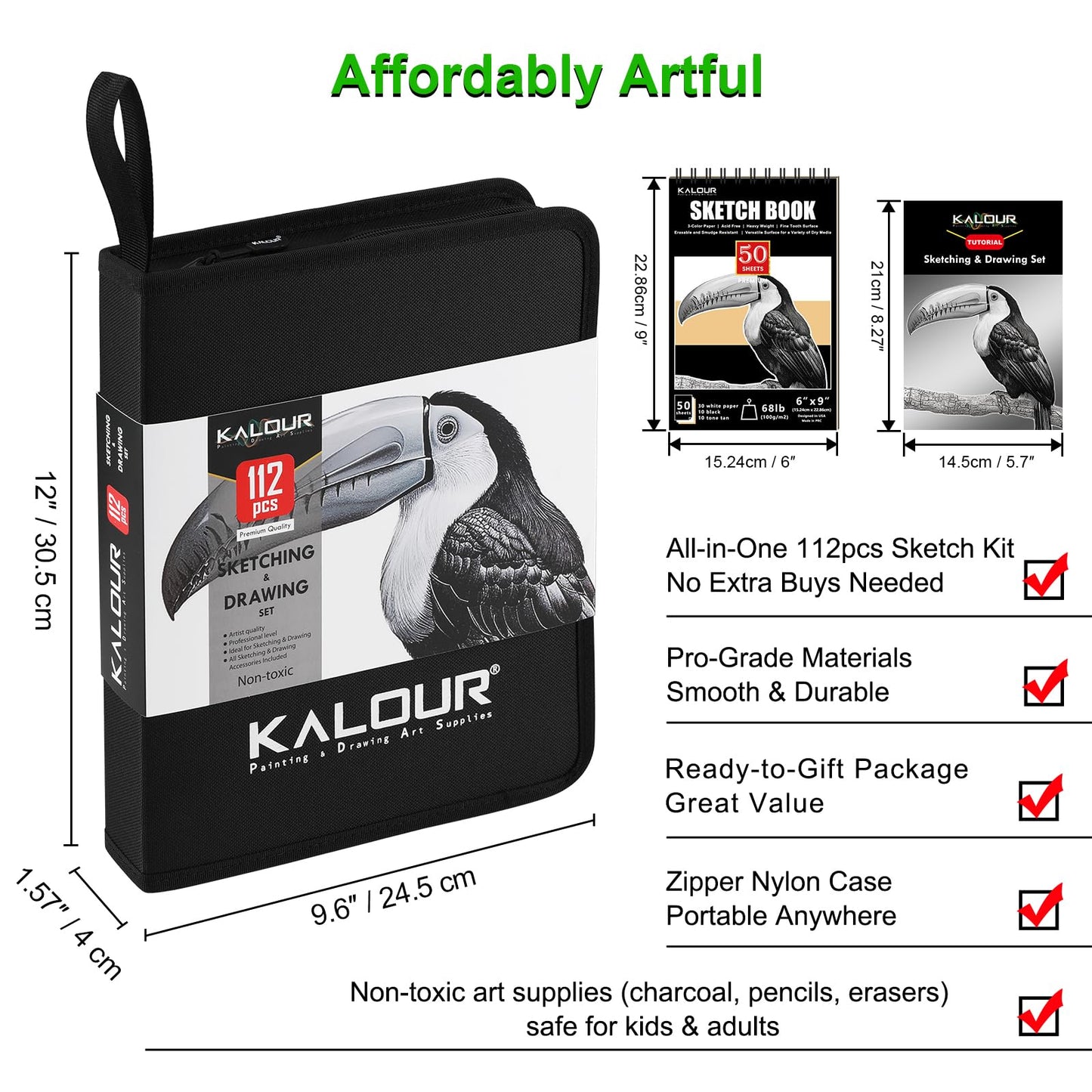 KALOUR PDAS 112 Drawing Set Sketch Kit, Pro Art Supplies with 3-Color Sketchbook, Graphite, Charcoal Pencils, Art Drawing Kit for Artists Adults Teens Beginners, Ideal for Shading & Blending