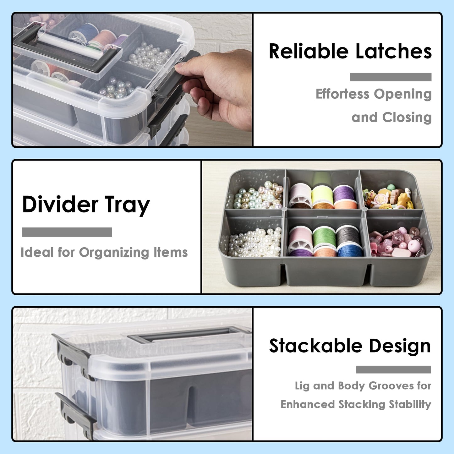 CraftGenes Grey&White Modern Plastic Storage Box - 4-Layer Durable Craft Storage Containers with 2 Removable Trays for Arts & Crafts Supplies, Sewing, Office, Seasonal Decor