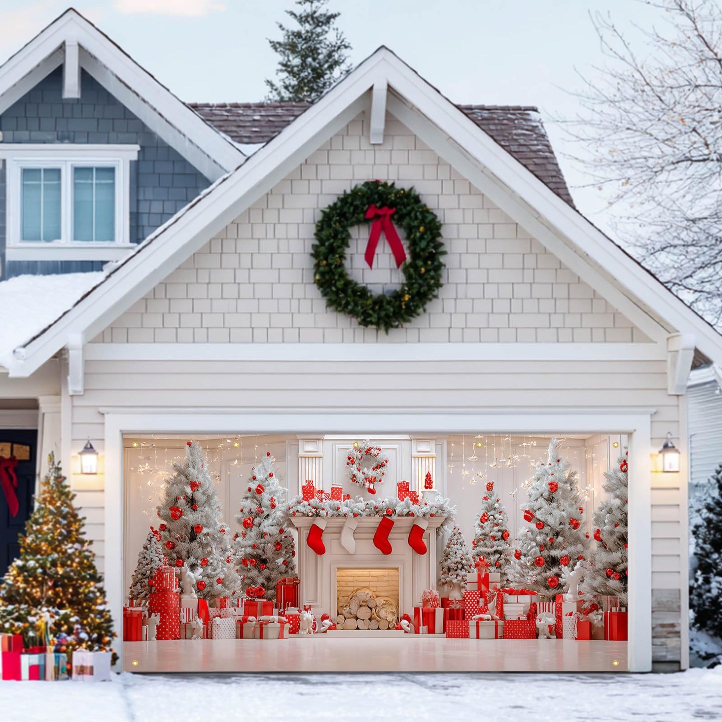 HOMETITUTE Christmas Garage Door Banner 13x6ft Red and White Fireplace Backdrop with Xmas Tree Stockings Gift Boxesand Lights Holiday Yard Wall Setting for Outdoor Party Setting Settingation