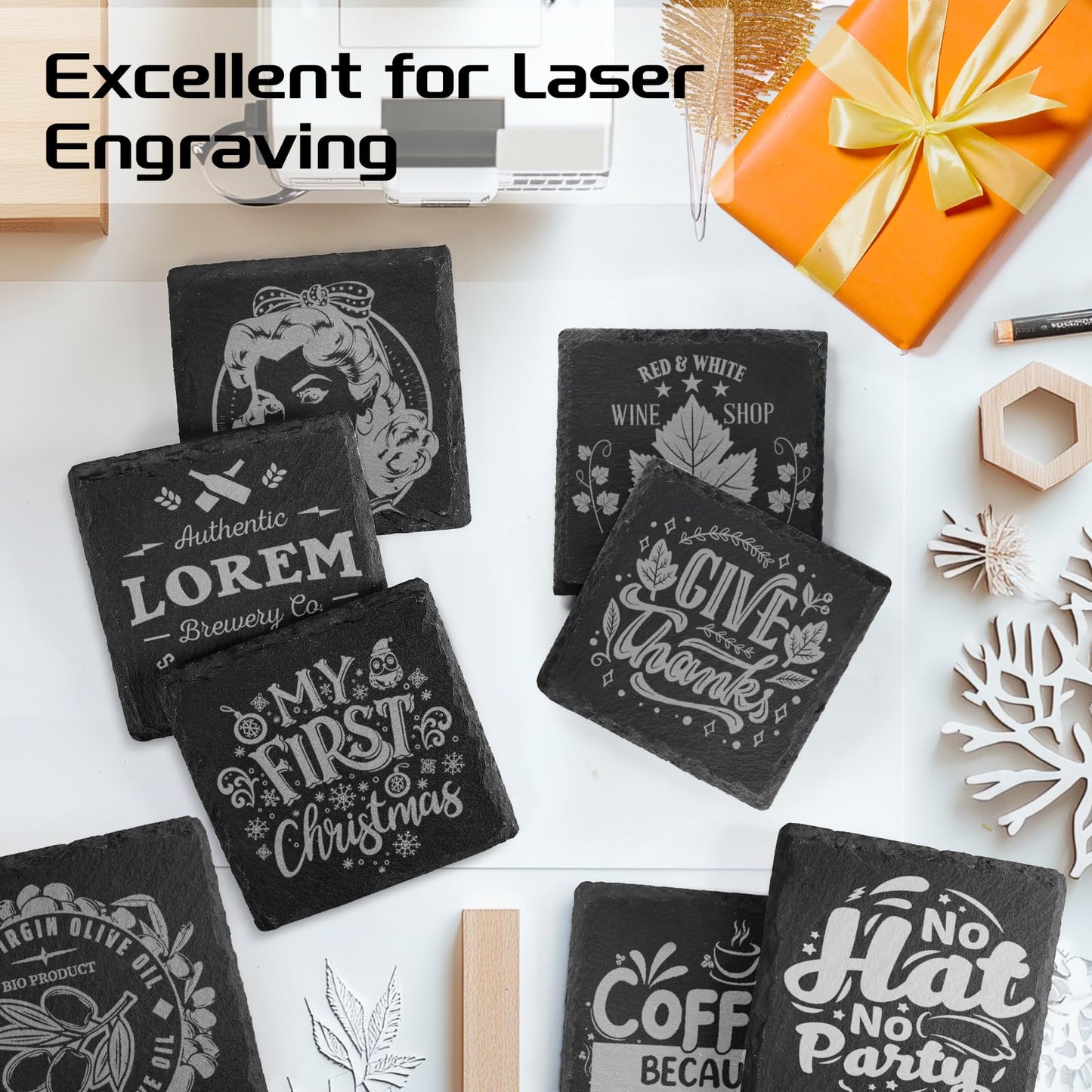 MAPRIAL Slate Drink Coasters with Holder, 4 Inch 12 Pieces Square Rustic Coasters Black Stone Coaster Set with Anti-Scratch Backing for Laser Engraving, Home Decor, Kitchen, Protect Table, Gifts