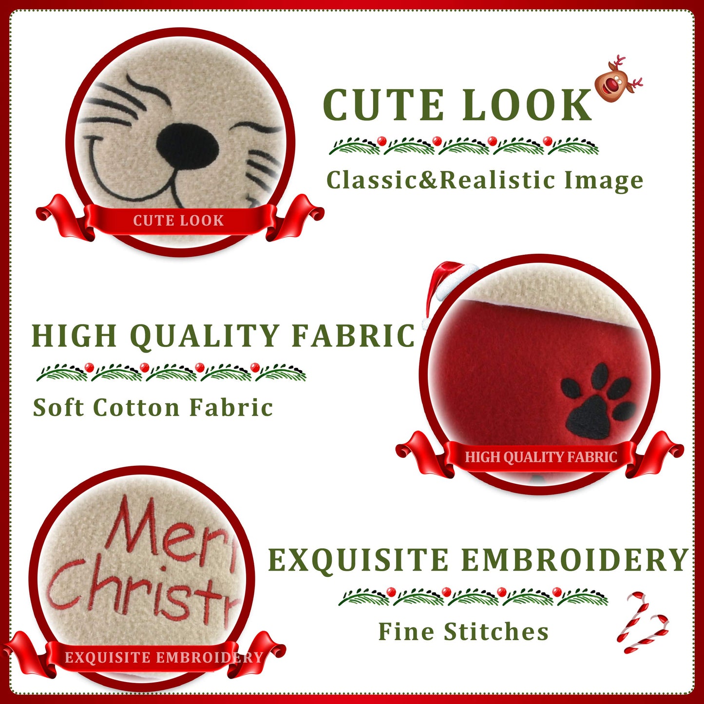 WEWILL 18’’ Cat Felt Christmas Stockings Paws Embroidered for Pets Kitty Red Xmas Stocking Gift Bag Cuff Lovely Home Holiday Decoration
