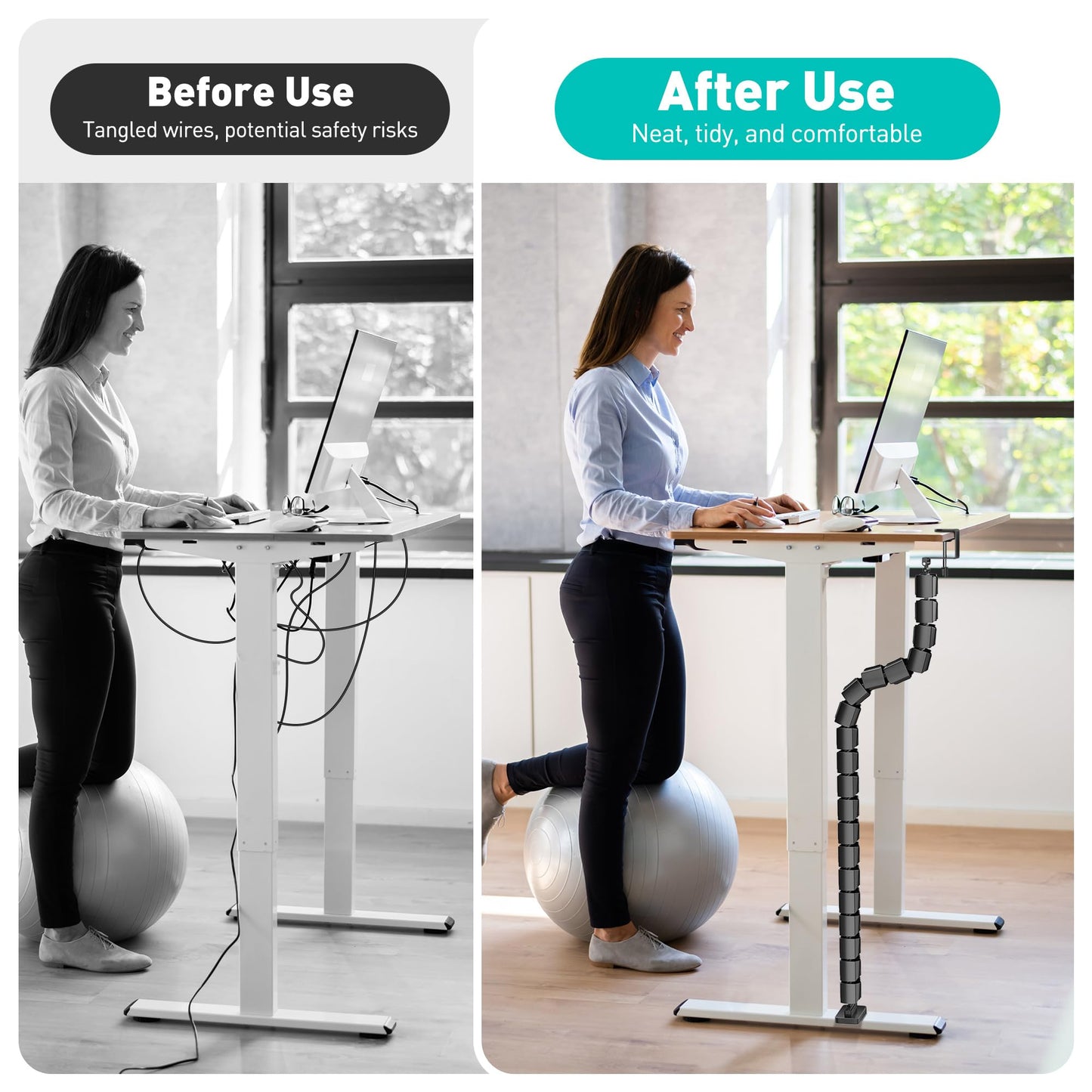 DeskLogics Clamp-On Cable Management Spine, No-Drill Vertebrae Wire Hider for Glass & Wood Standing Desks, Tool-Free Adjustable Desk-to-Floor Cord Organizer Snake with Non-Scratch Silicone Padding