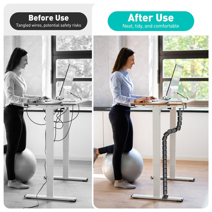 DeskLogics Clamp-On Cable Management Spine, No-Drill Vertebrae Wire Hider for Glass & Wood Standing Desks, Tool-Free Adjustable Desk-to-Floor Cord Organizer Snake with Non-Scratch Silicone Padding