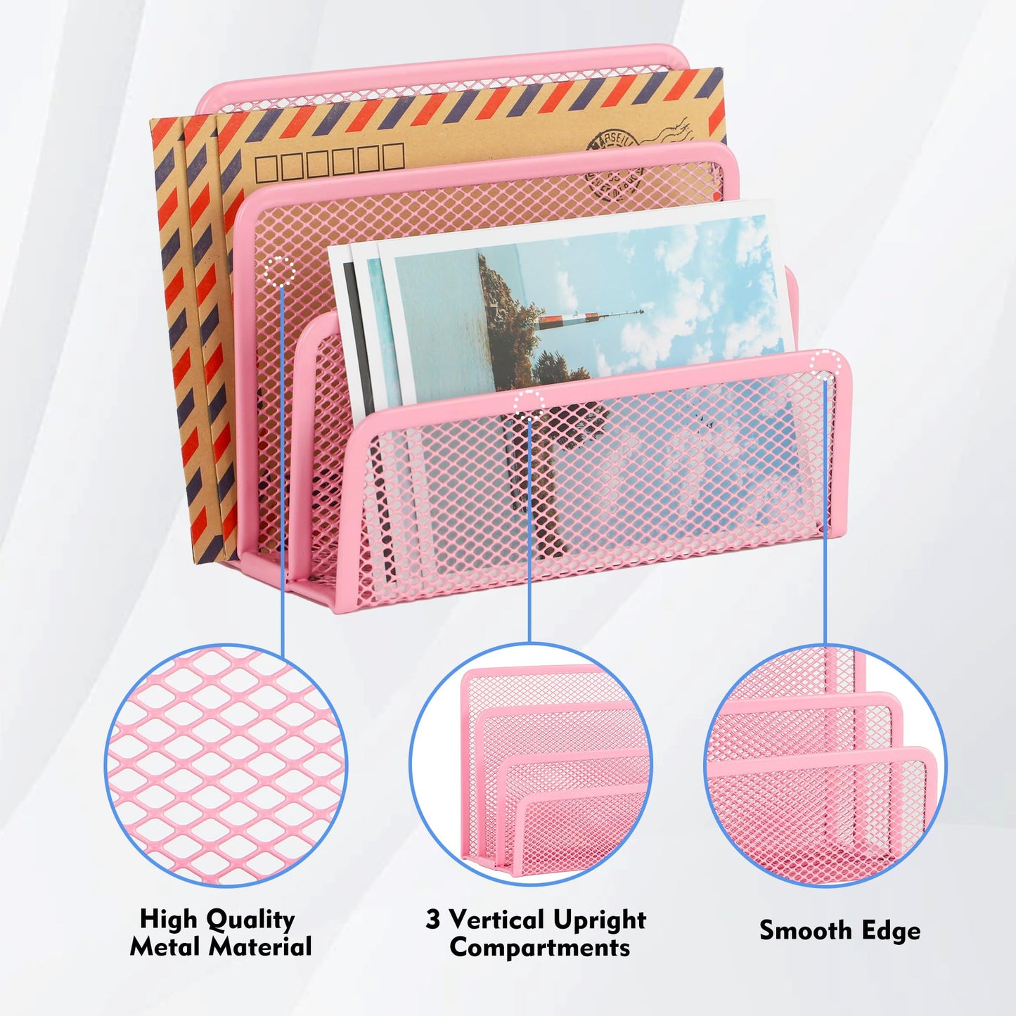 EASEPRES Desk Mail Organizer, Office Small Desktop Metal Mesh Envelope Letter Sorter Paper File Holder Organizer with 3 Vertical Upright Compartments, Pink 2 Pack