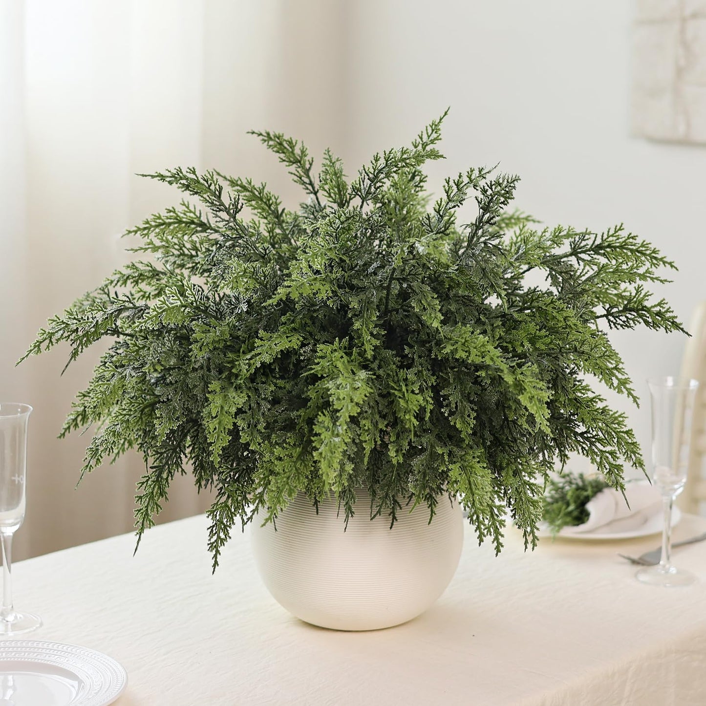 Juxdp Soft Textured Christmas Cedar Branches-18 Inches, Artificial Cedar Branch Faux Greenery Plants Stem Fake Pine Picks for Vase DIY Crafts Garland Wreath Xmas Indoor Outdoor Decor (12 Pcs)