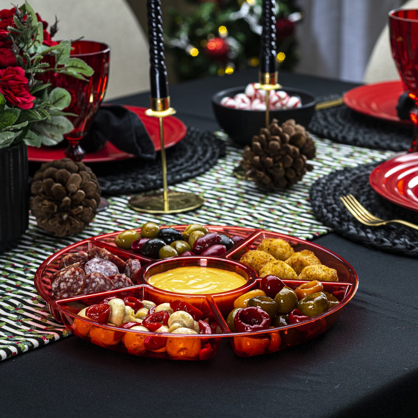 Plasticpro 6 Sectional Round Plastic Serving Tray/Platter (2, Red)