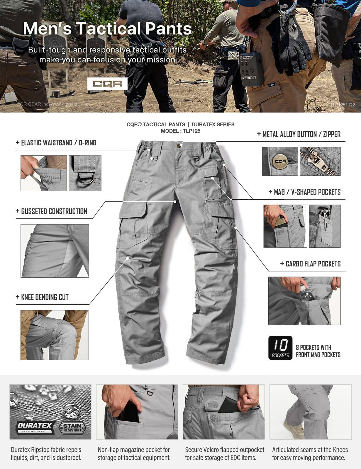 CQR Men's Tactical Pants, Water Resistant Ripstop Cargo Pants, Lightweight EDC Work Hiking Pants, Outdoor Apparel, Duratex Mag Pocket Stone, 30W x 30L