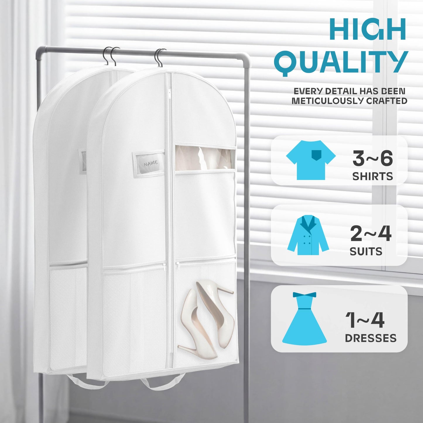 43" Travel Garment Bag with Accessories Zipper Pocket, Heavy Duty Suit Bag for Suits, Tuxedos, Dresses, Coats, White, 1 pack