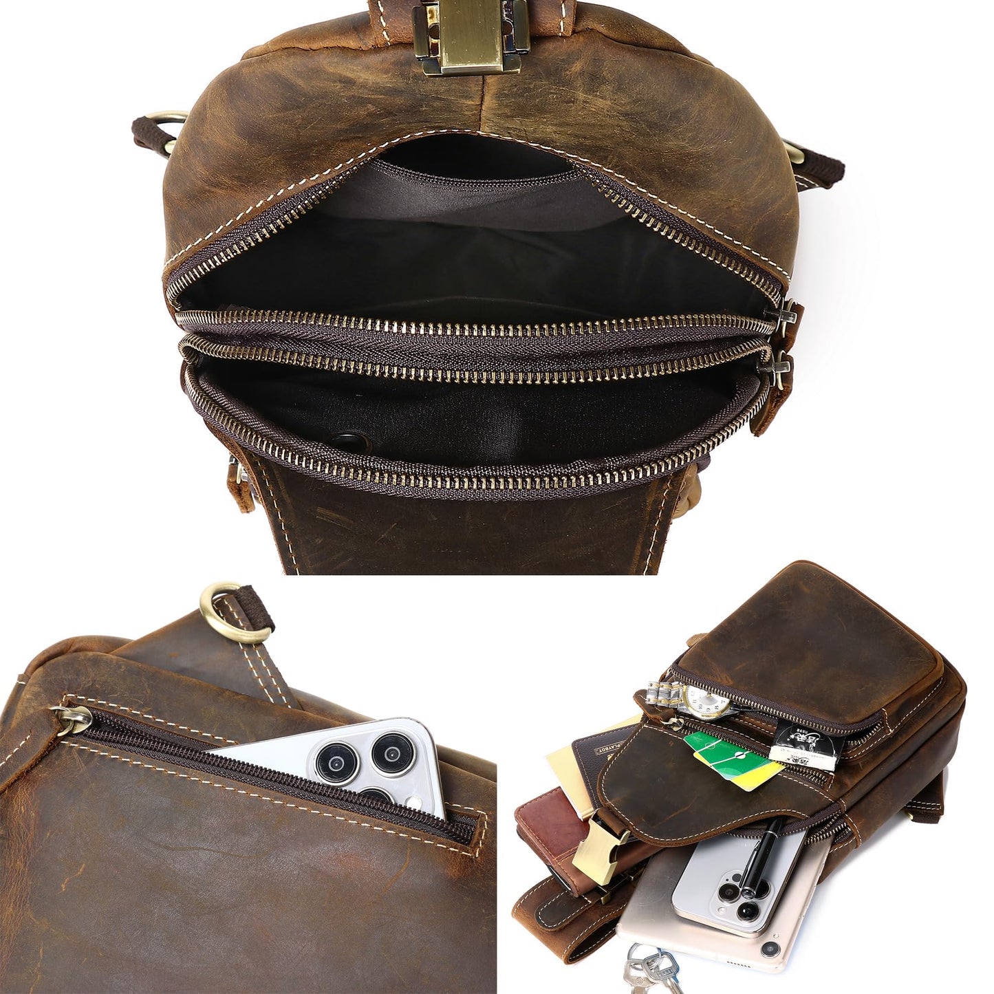 Vintage Full Grain Genuine Leather Sling Bag Men Women Crossbody Chest Shoulder Backpack Daypack Travel Hiking Deep Brown