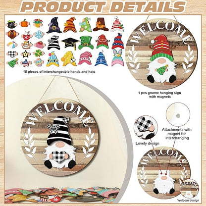 Qunclay Interchangeable Wooden Gnome Decor Holiday Seasonal Gnome Decorations with Magnet Pieces and Detachable Hats Changeable Welcome Sign for Home (Farmouse)