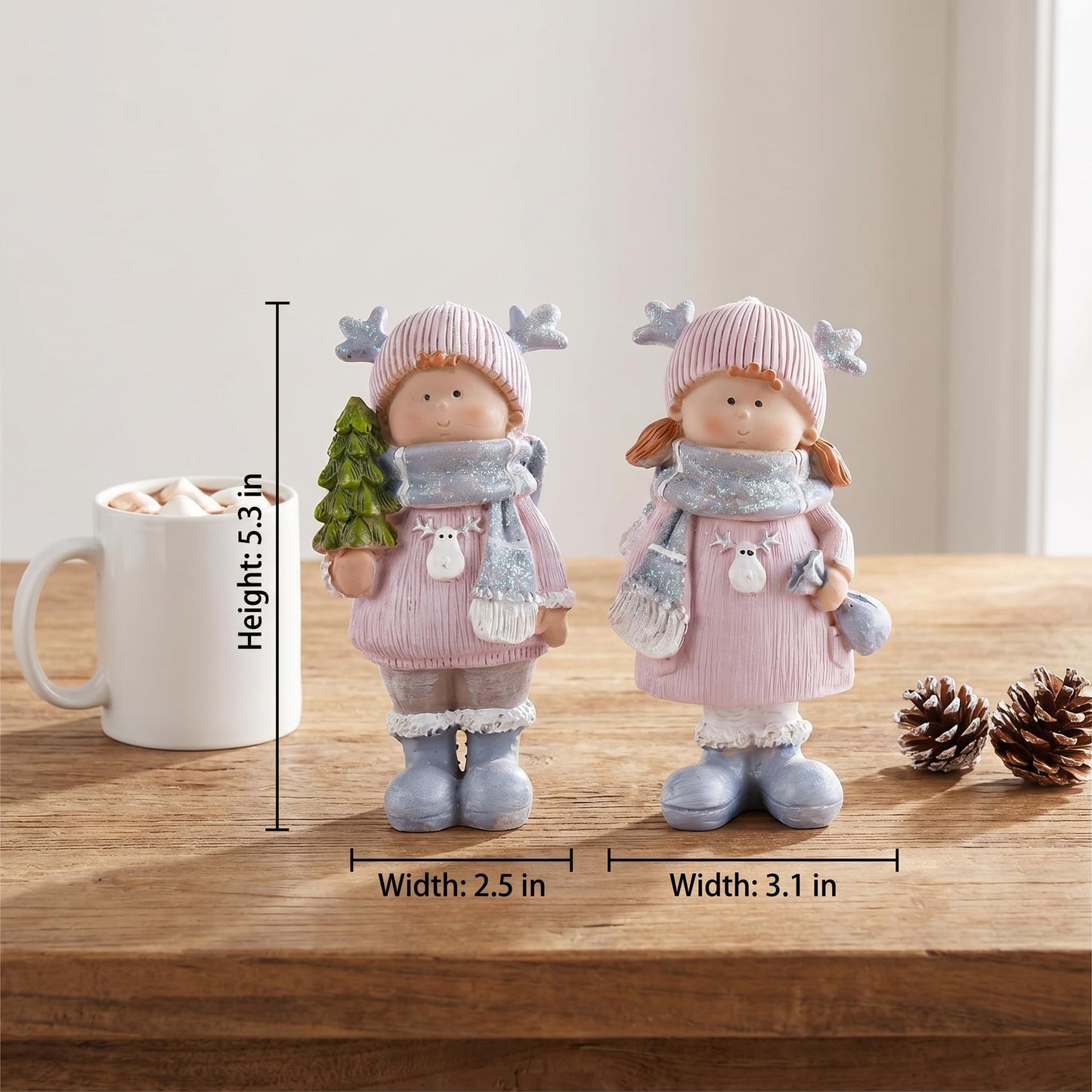Brizoria Christmas Home Decor Set of 2 Resin Mini Sculptures with Reindeer Hats, Cute Female Themed Winter Ornaments for Mantel, Tiered Tray & Indoor Tabletop Christmas Decor