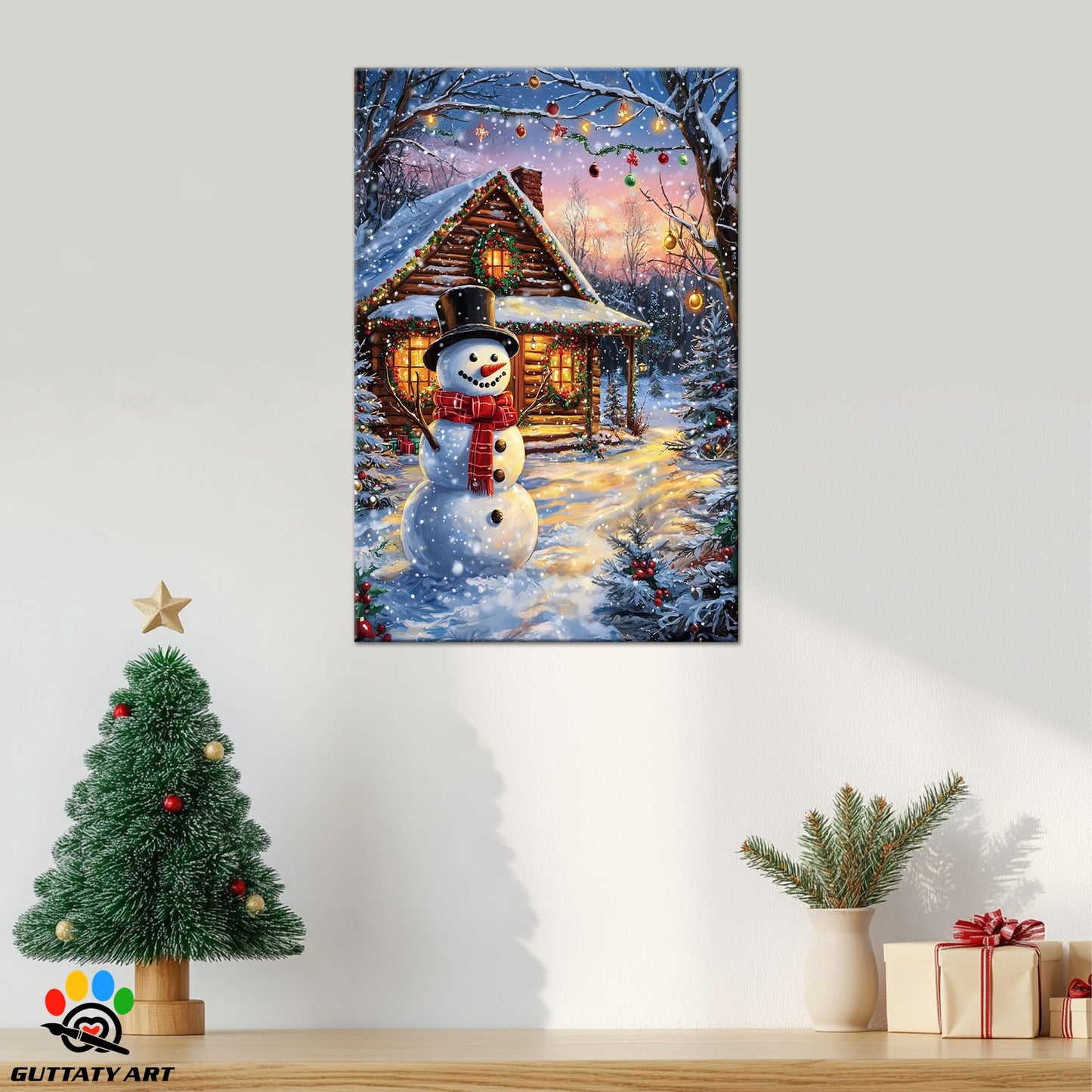 GUTTATY Christmas Canvas Wall Art, Cute Snowman Canvas Wall Decor, Shine Canvas Pictures Wall Decor, Lighted House Wall Art Decor for Living Room, Bedroom, Office Art Decor 18x24 Inch