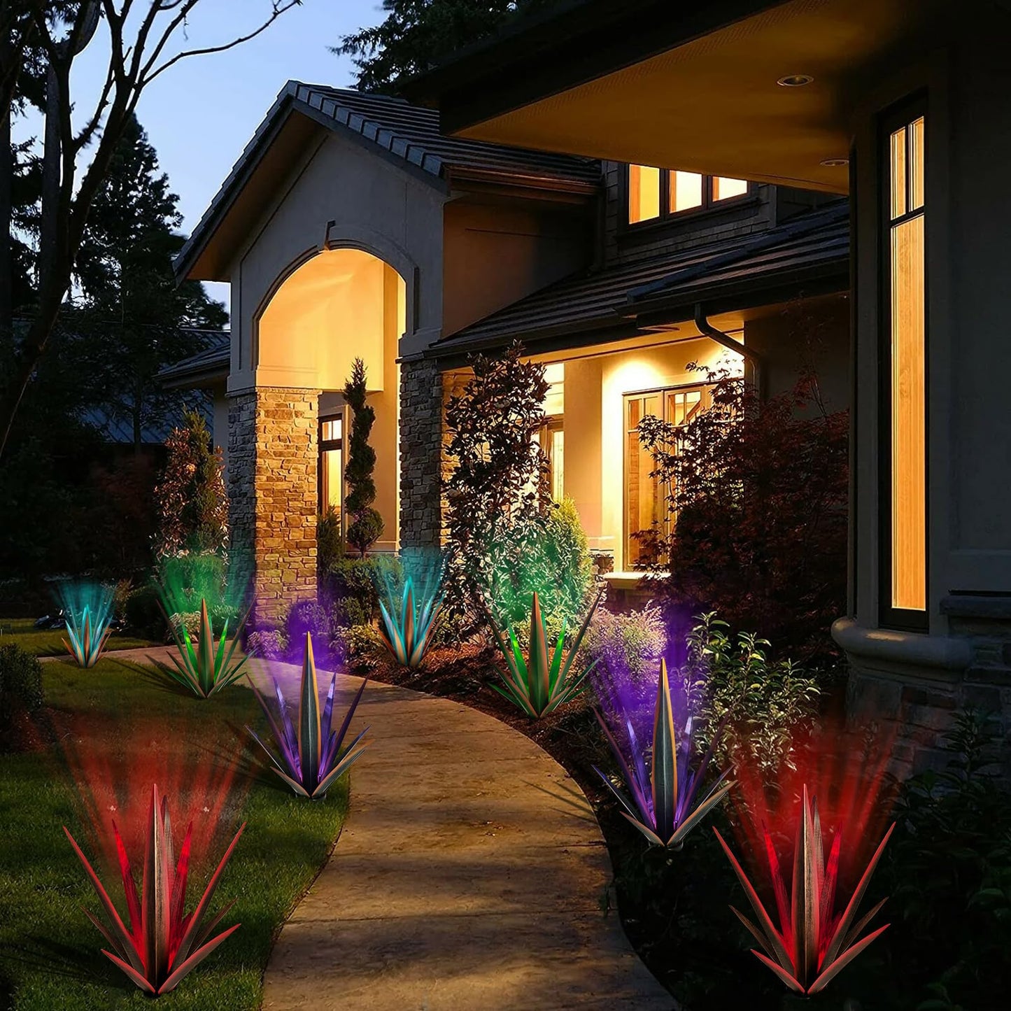 KODIBO Large Tequila Rustic Sculpture, Rustic Metal Agave Plants for Outdoor Patio Yard, Home Decor Hand Painted Metal Agave Garden Yard Statue, Outdoor Lawn Ornaments (Black - L (W/Solar Light))