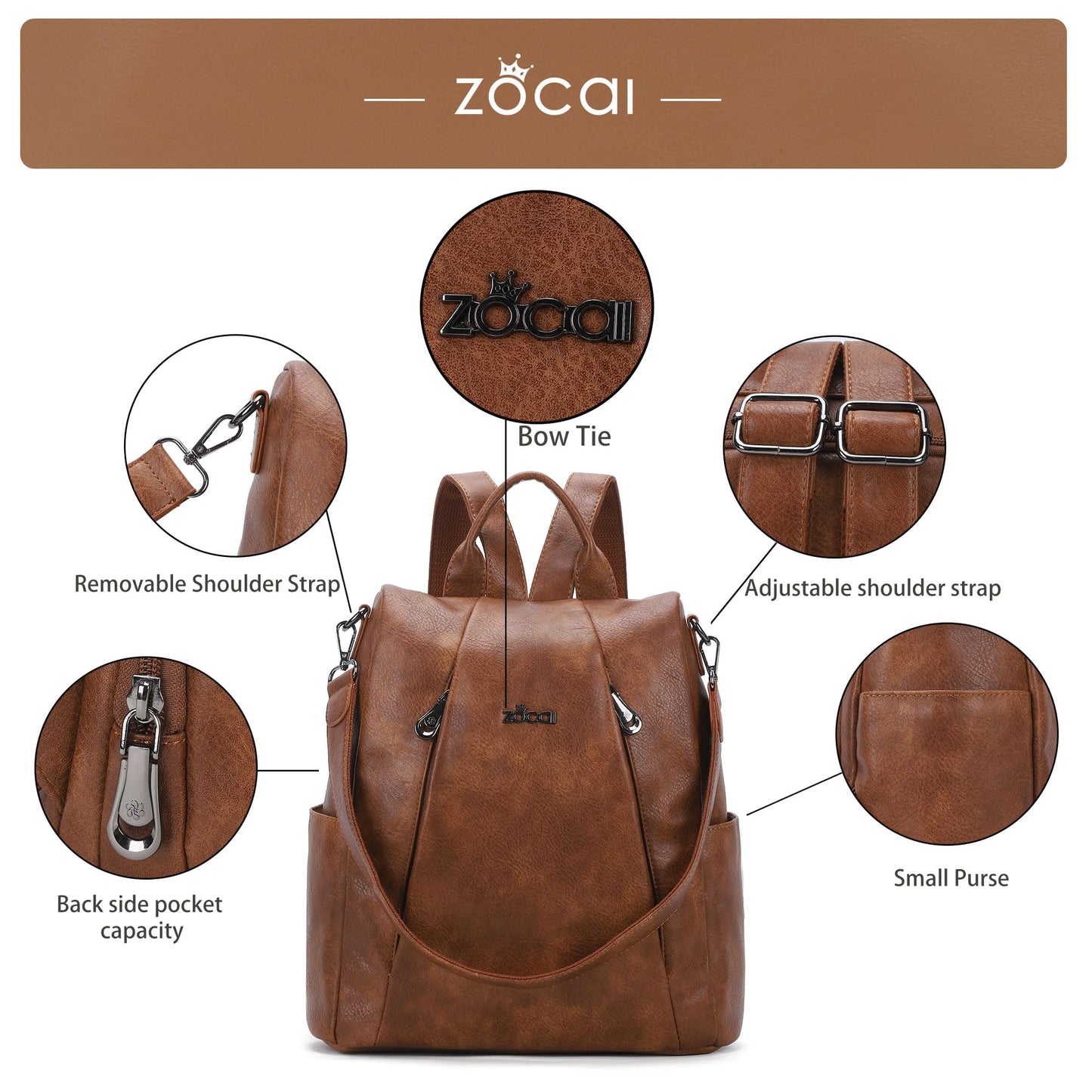 ZOCAI Backpack Purse for Women Medium Anti-Theft Backpacks Purses Design Leather Shoulder Bags with Removable Strap