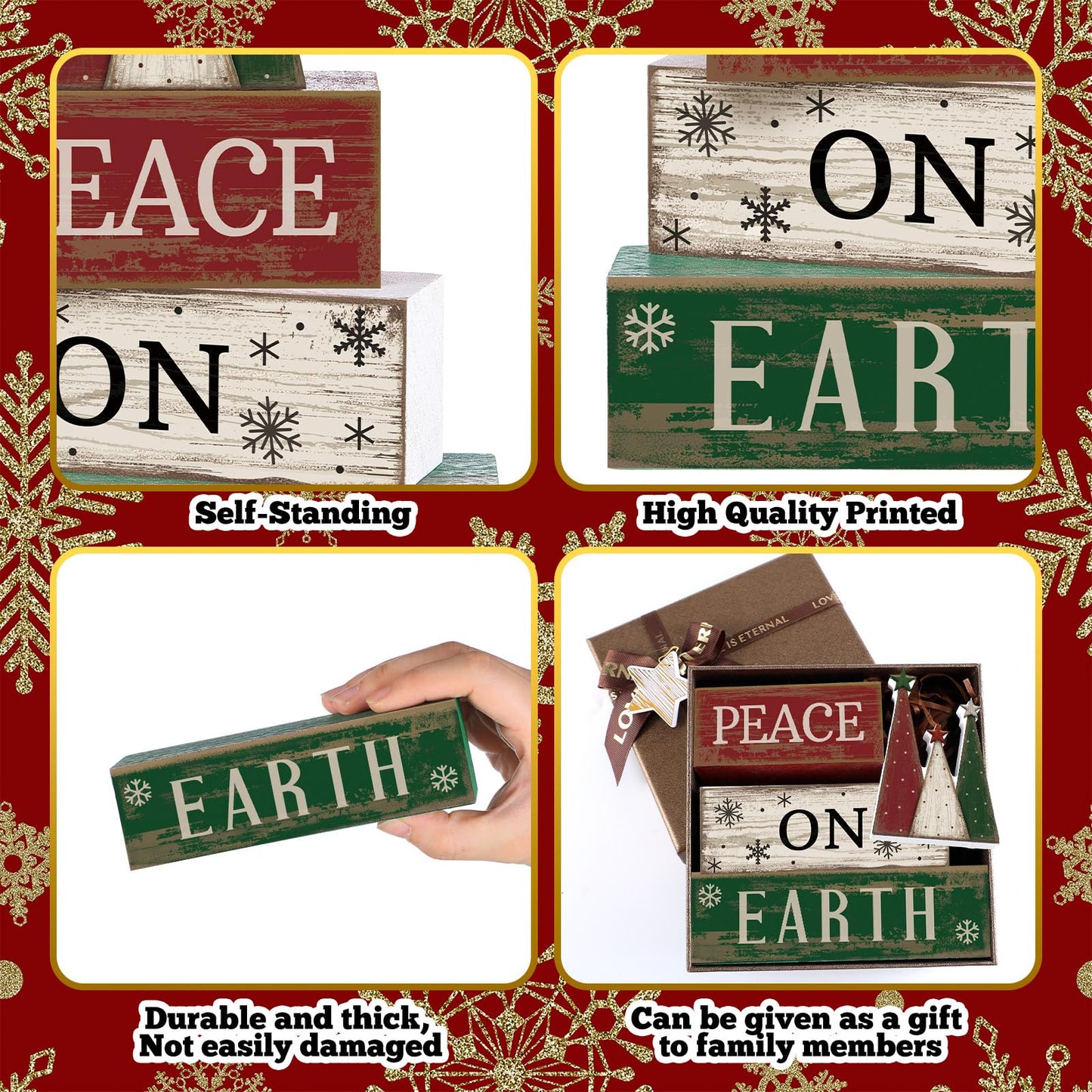 Lineshading 4 Pcs Christmas Table Decoration Wooden Christmas Tree Sign Winter Tiered Tray Decor Decorative Red Green and White Tree Block Signs Xmas Table Centerpiece Farmhouse Decor for Home Kitchen