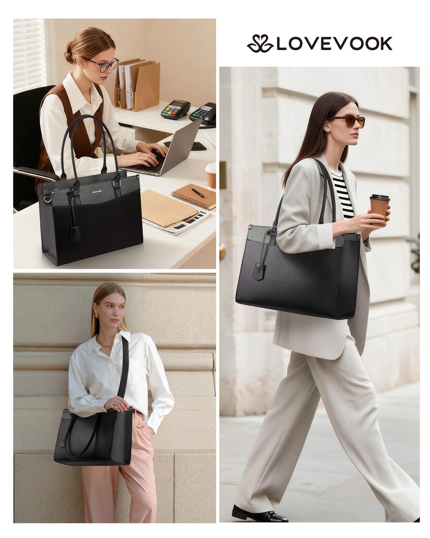 LOVEVOOK Professional Laptop Tote Bag for Women 15.6 inch, 2-in-1 Structured Leather Tote Purse with Clutch & Cup Holder, Large Capacity Work Briefcase for Office Travel, Black-Grey
