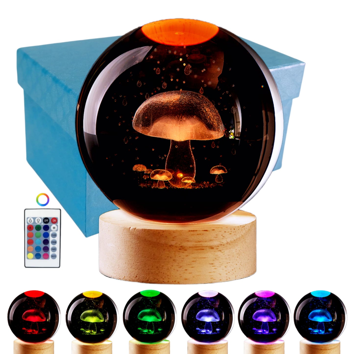 Conalisk 3D Mushroom Crystal Ball Lamp, Lifelike LED Mushroom Night Light, 16 Colors Changing Light, Dimmable Remote Control, Desk Lamp