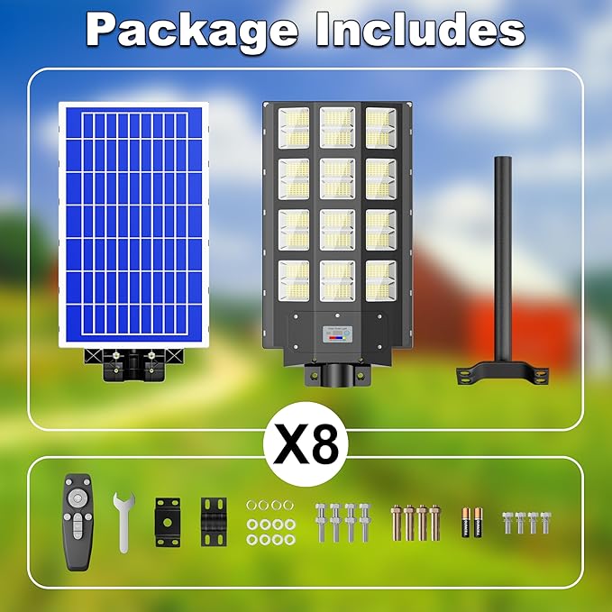 8-Pack 8000W Solar Street Lights Outdoor Waterproof, 1920000LM Dusk to Dawn Street Light Solar Powered, Wide Angle Lamp with Motion Sensor and Remote Control,Solar Parking Lot Light,ect.