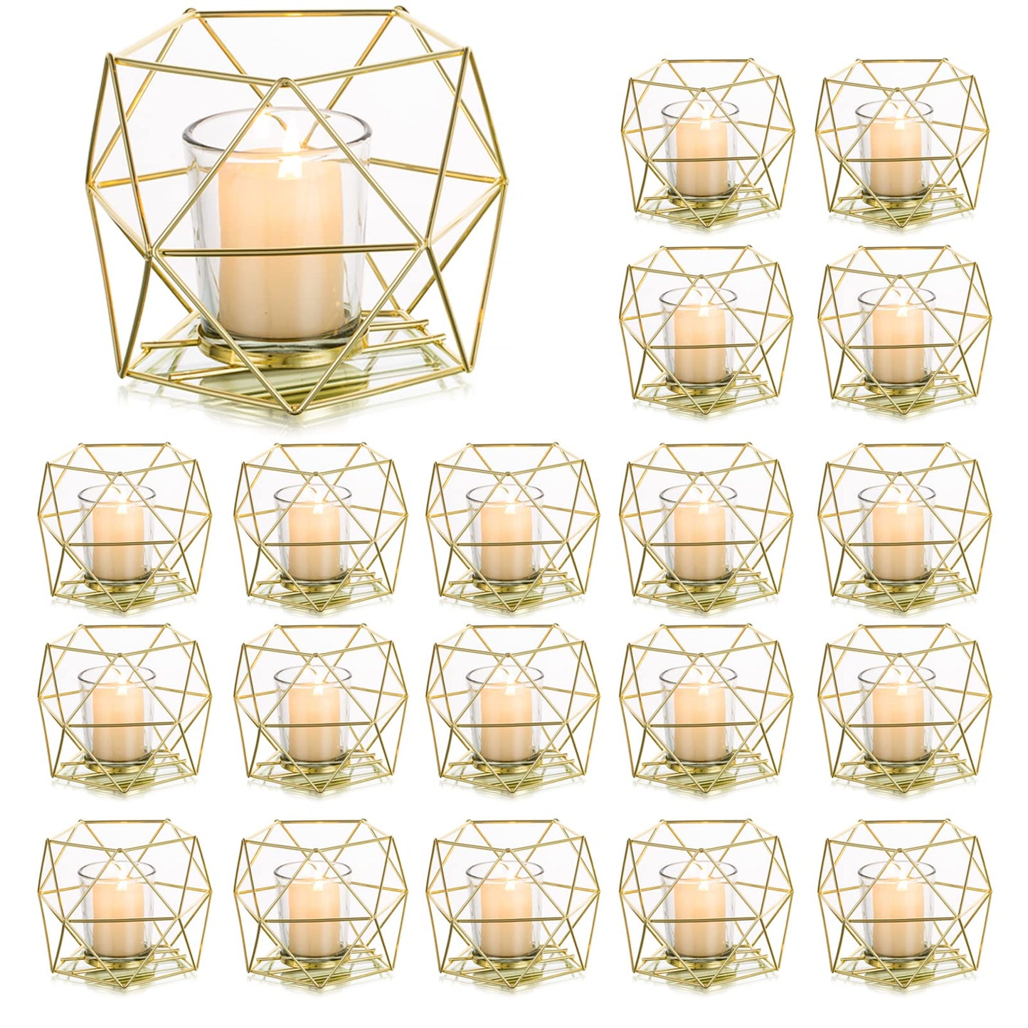 20pcs Geometric Candle Tealight Holders Gold - Holder for Tea Light Decorative Votive Candle Stand Accents for Home Table Shelf Mantel Modern Geo Decoration Christmas Wedding Reception Décor, Gold