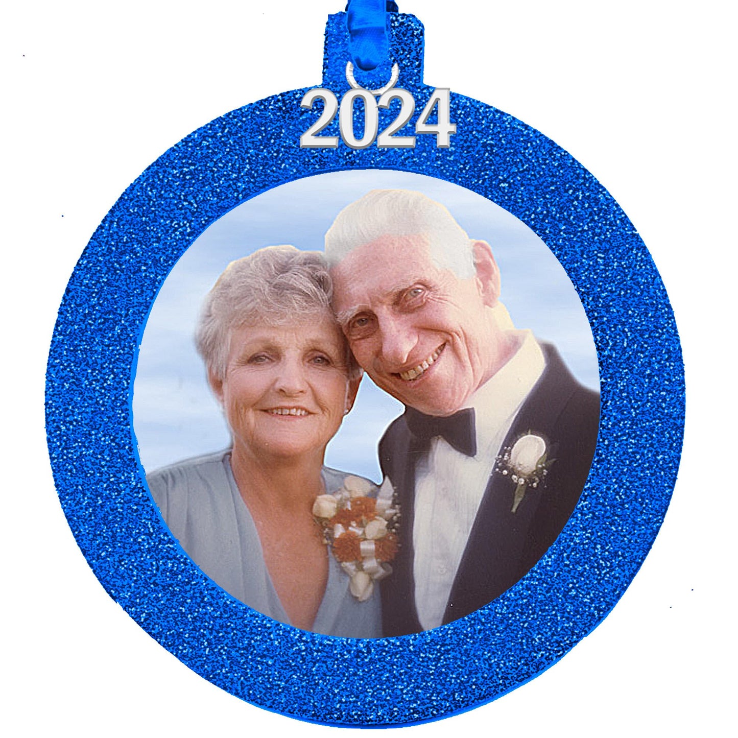 2024 Photo Ornaments for Christmas Tree, Sparkly Glitter Christmas Frame Ornament, Easy-Load Magnetic Design, Includes Satin Ribbon with Silver Charm Plus Photo Protector, Round, Blue