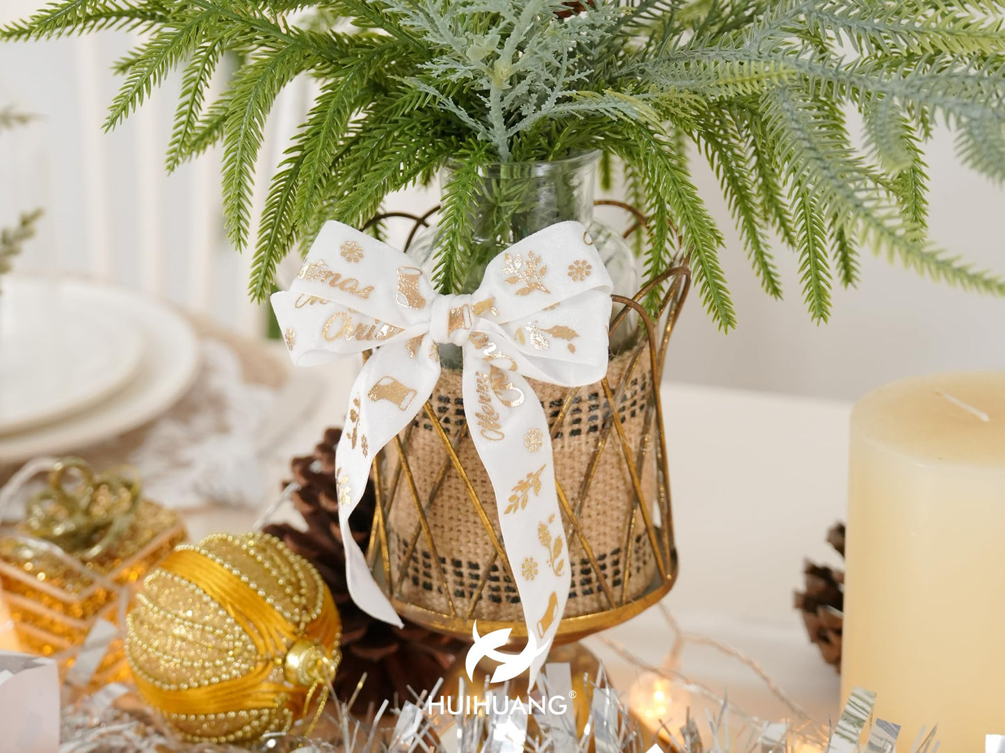 HUIHUANG 1 inch Christmas Velvet Ribbon White Velvet with Gold Printed Merry Christmas Ribbon for Gift Wrapping, Tree Ornaments, Wreaths, Garlands, DIY Crafts, Home Decor- Continuous 10 Yards