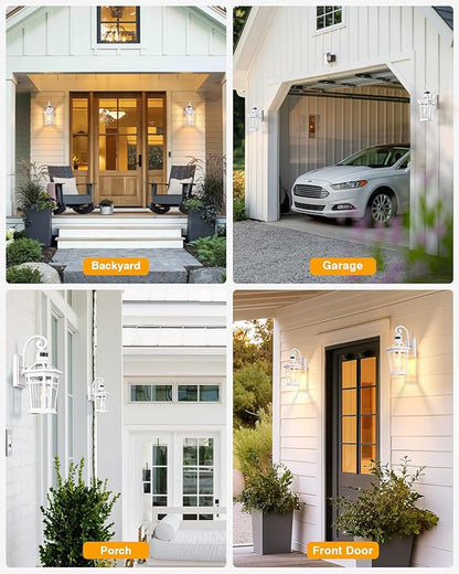Motion Sensor Outdoor Wall Lantern, White Outdoor Lighting Fixtures Wall Mount, Dusk to Dawn Exterior Sconce Lights with Beveled Glass, Waterproof Exterior Front Porch Lights for Garage, Coach