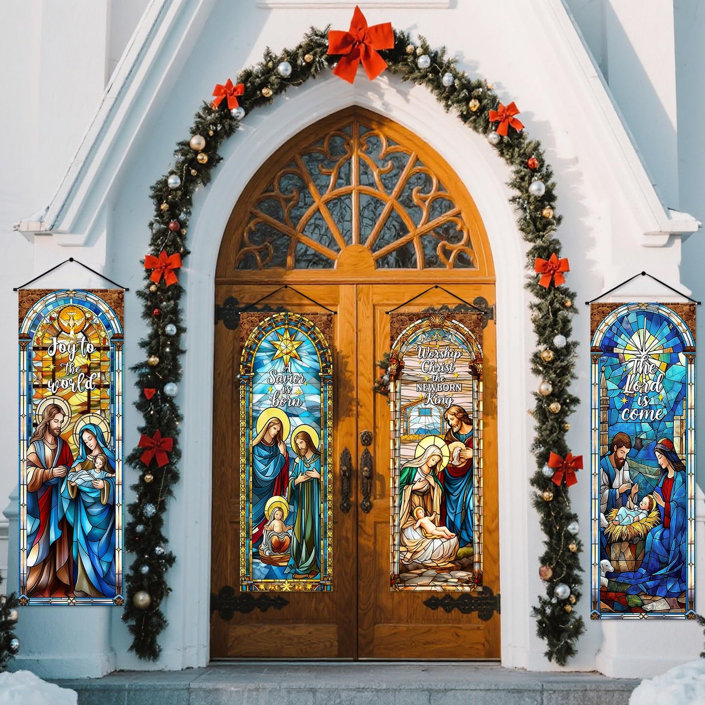 Panelee 4 Pcs Nativity Scene Banner Religious Christmas Backdrop Holy Nativity Stained Glass Style Wall Decorations Jesus Porch Sign for Xmas Indoor Outdoor Church Wall Hanging Decor