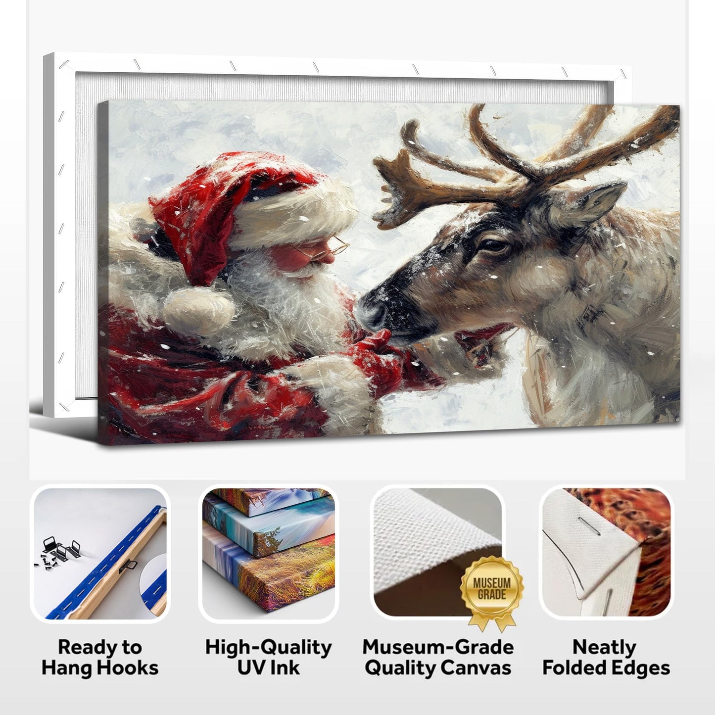 GUTTATY Christmas Santa and Reindeer Canvas Wall Art, Winter Snow Scene Hanging Artwork, Festive Canvas Prints, Holiday Wall Decor Picture for Living Room, Bedroom, Entryway, 32x16 Inch