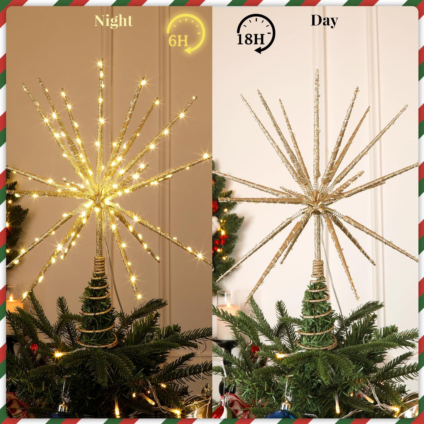 Obralitic 15 Inch Christmas Tree Star Topper with 150 LED Timer Lights & Remote, 19-Point USB Powered Lighted Gold Starburst Star Tree Topper for Indoor Holiday Party Xmas Tree Decor