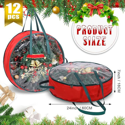 Shappy 12 Pcs Christmas Wreath Storage Bag Clear Wreath Box Wreath Storage Containers with Clear Window and Handle Christmas Garland Storage Containers for Xmas Holiday Seasonal Storage (24 Inch)