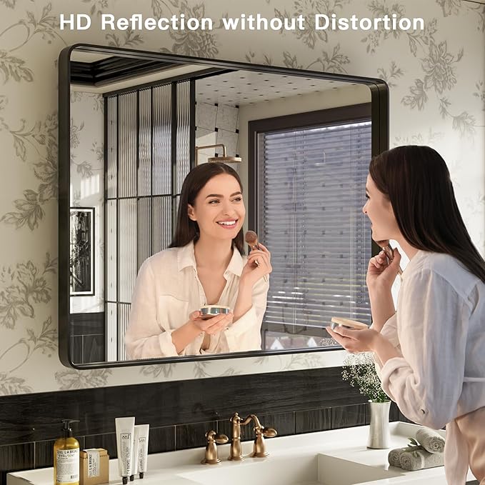 ISKM Black Bathroom Mirror for Wall 40" x 24" Matte Black Framed Vanity Mirror, Shatter-Proof, Tempered Glass, Rounded Rectangle Mirror(Horizontal/Vertical)