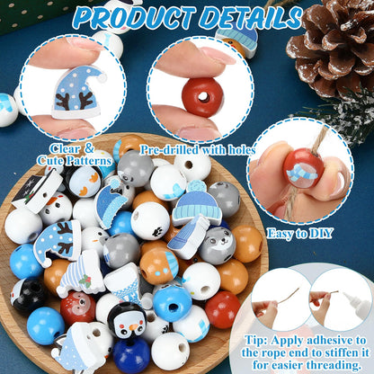 Geelin 300 Pcs Christmas Wood Beads with Twine - Santa Gingerbread Snowman Winter Animals Wooden Round Bead for Hanging Ornaments DIY Crafts Garland Holiday Tree Decor(Winter Animals)