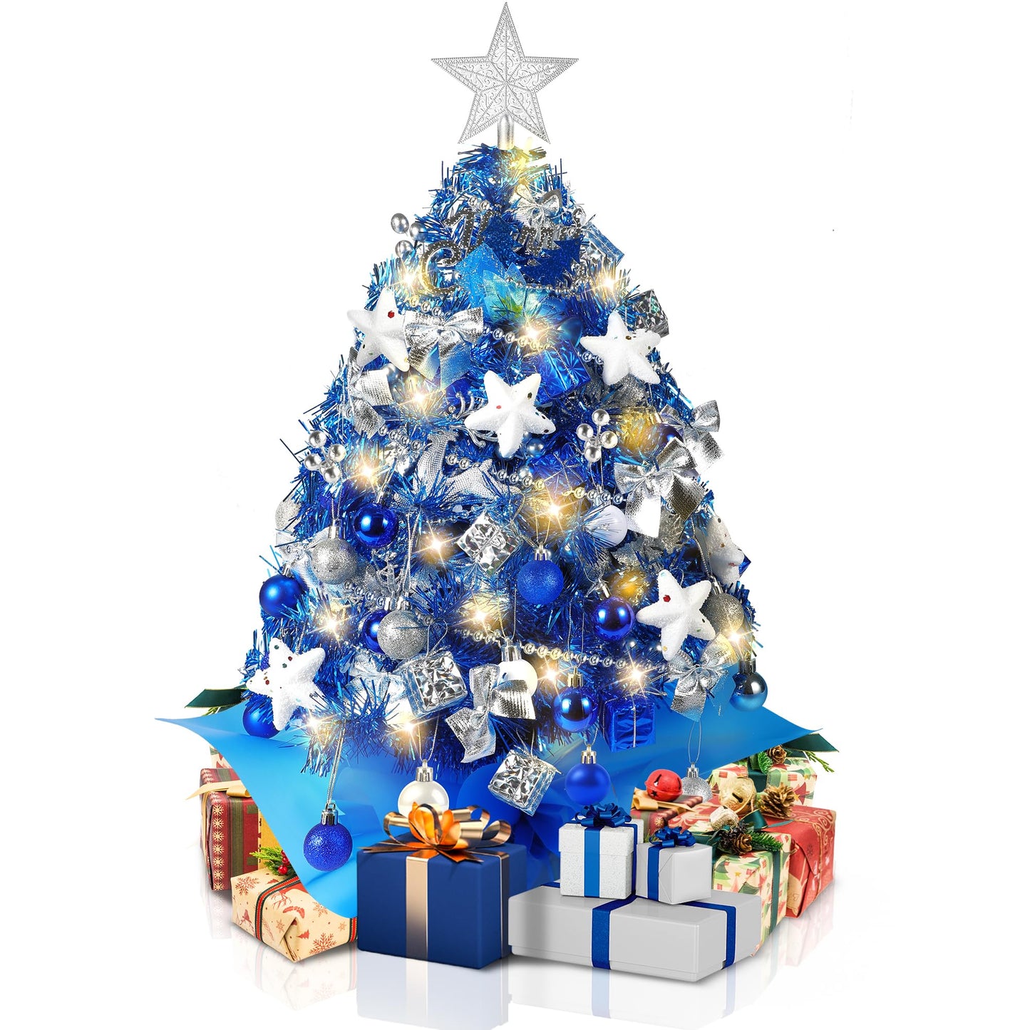 2FT Mini Christmas Tree, Blue Tabletop Christmas Tree, Prelit Small Christmas Trees with 60 LED Lights, 100 Lifelike Branches, 73 Ornaments, Artificial Xmas Tree for Home Indoor Decor