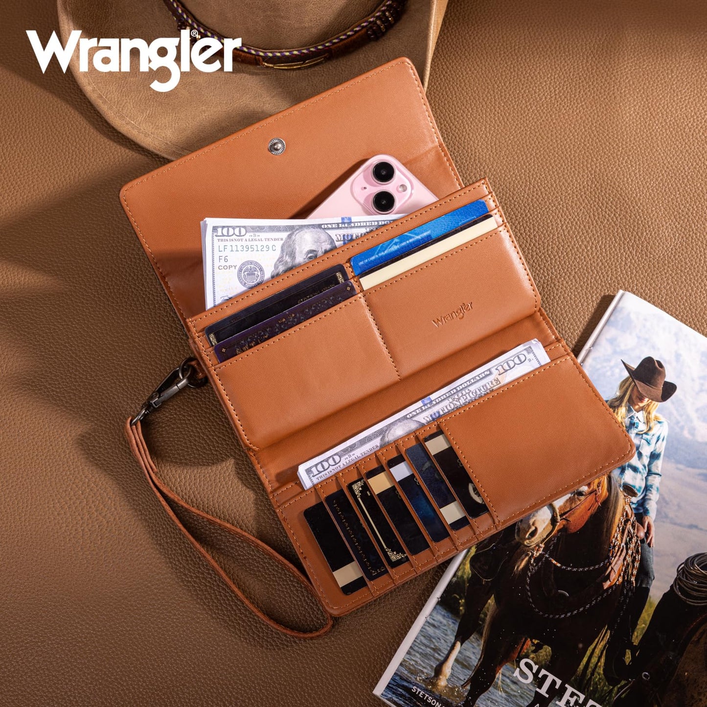 Montana West X Wrangler Tooling Women's Wallets Brown Western Wallet for Women Wallets, Card Cases & Money Organizers Phone Wallet Women Wristlet with Coin Purse WG196-W056BR
