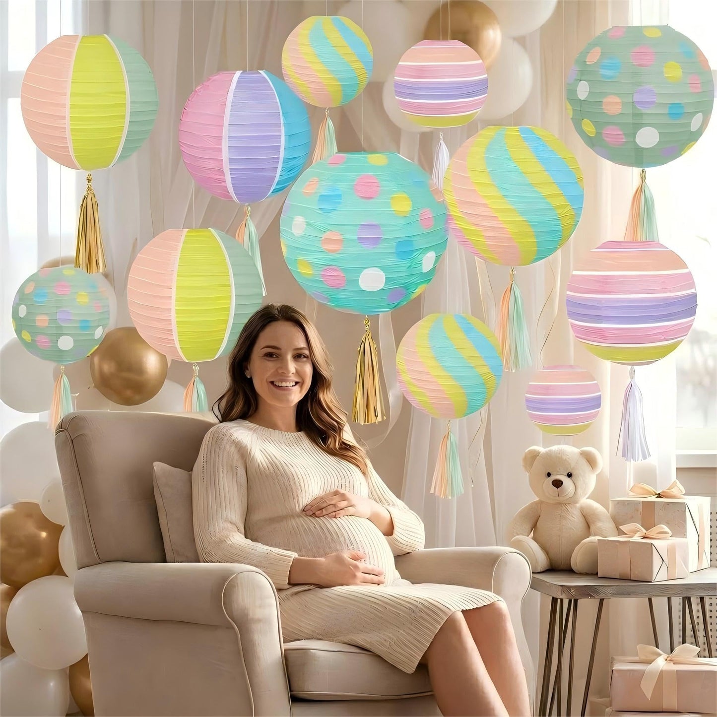 ADLKGG 12 Pieces Pastel Party Decorations - 8 Inches Hanging Paper Lanterns for Baby Shower, Mother's Day Brunch, Spring Garden Party, Bridal Shower and Easter Classroom Decor