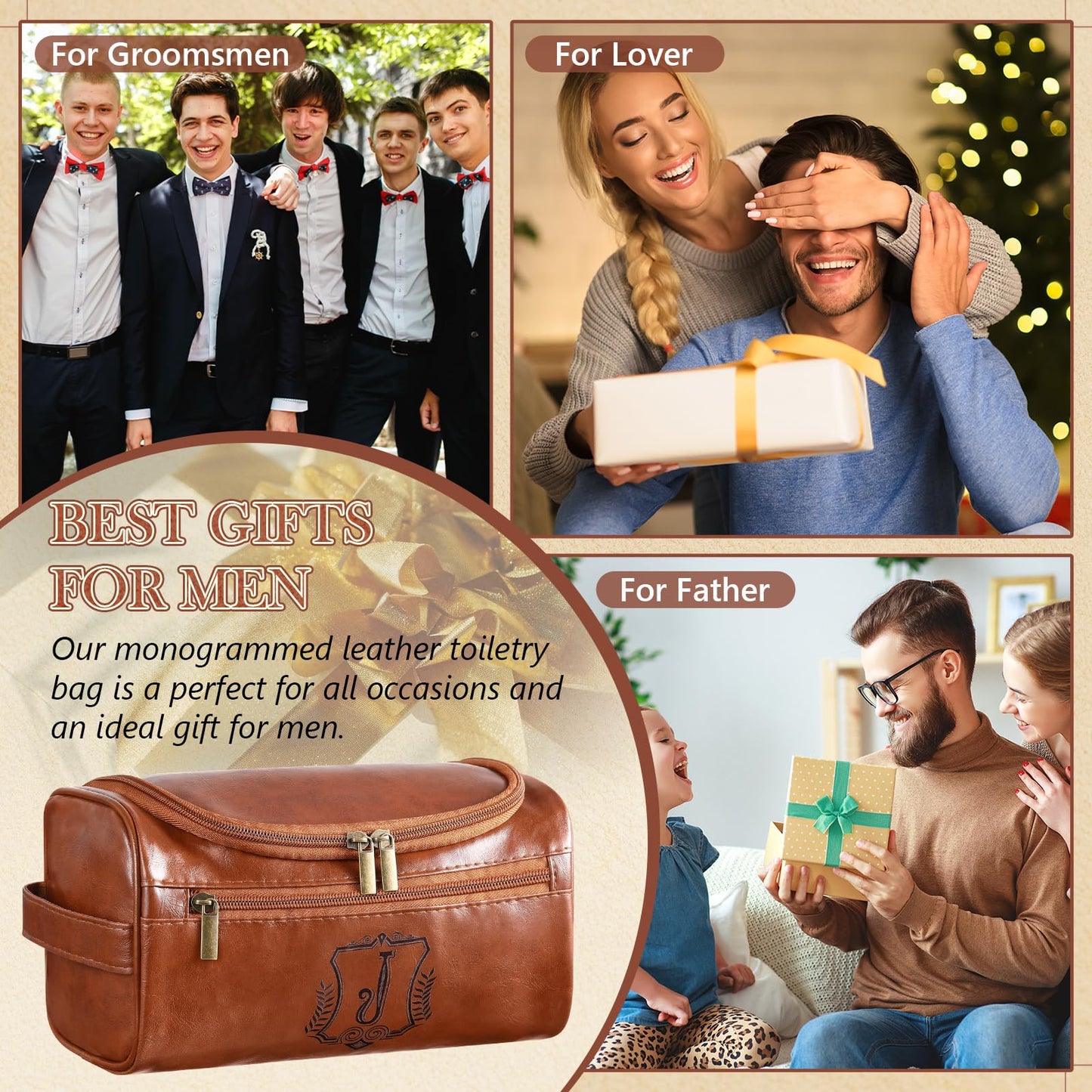 Sadnyy Father's Day Personalized Leather Toiletry Bag for Men Initial Travel Bag with Hook Monogrammed Toiletry Pouch Leather Travel Bathroom Kit with Side Handle for Anniversary Birthday Gifts(J)