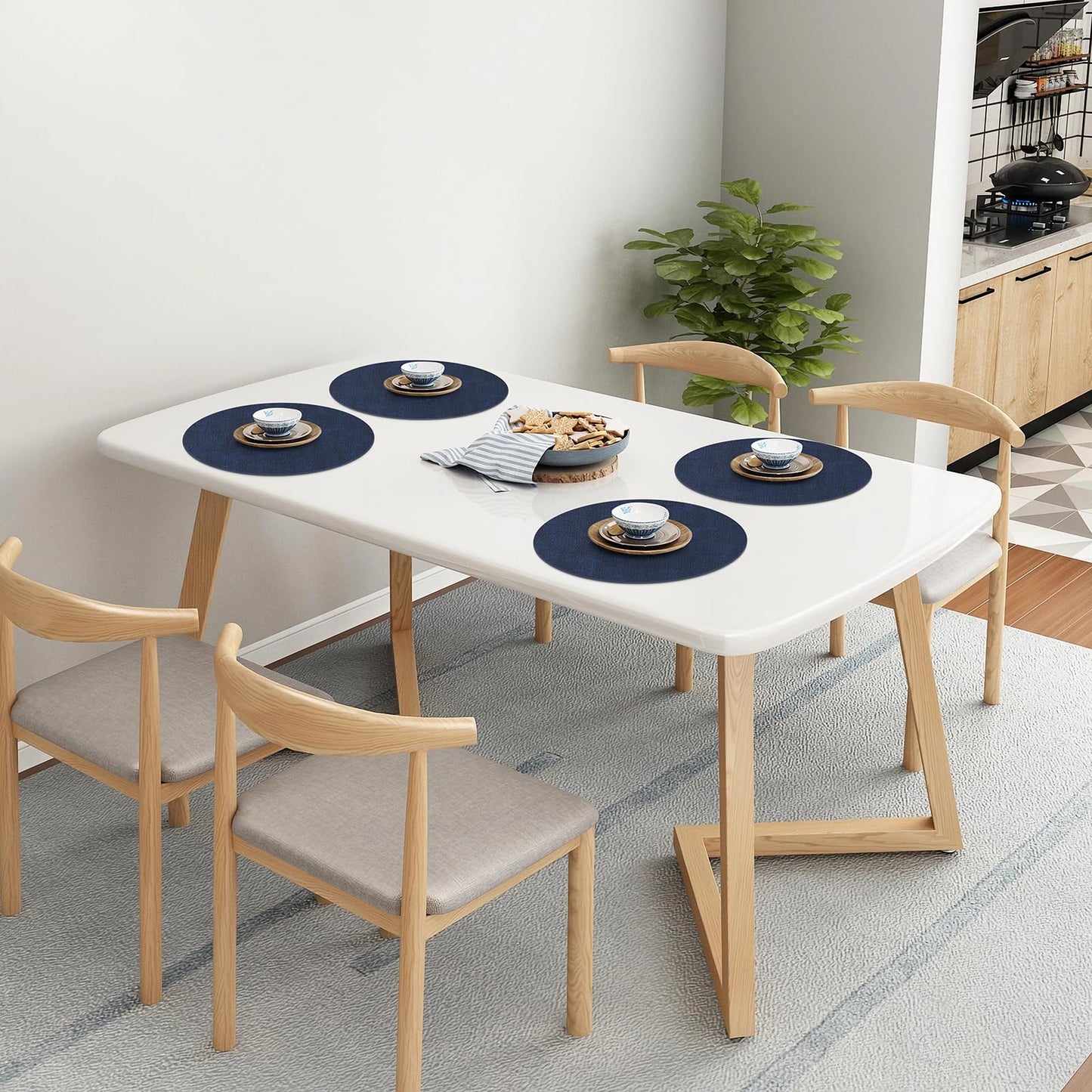Homaxy Round Faux Leather Placemats and Coasters, Washable Dual-Side Table Mats, Wipeable Heat-Resistant Dining Place Mats for Outdoor and Indoor, Set of 4, Diameter 13 and 3.93 inch, Navy Blue