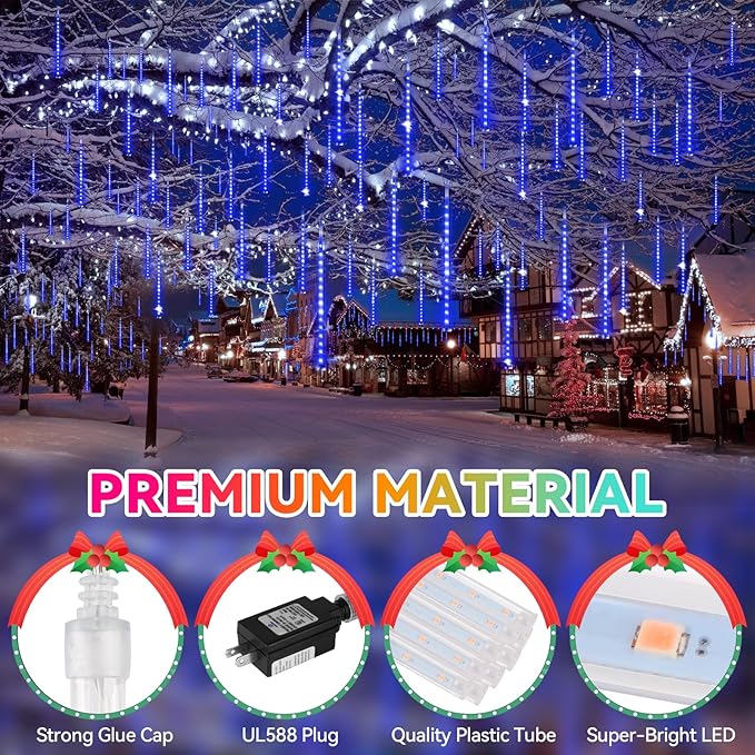KNONEW 40 Tubes 1120 LED Meteor Shower Lights Christmas Lights Outdoor Plug in Waterproof Falling Rain Light for Xmas Tree Wedding Party Garden Holiday Rooftop Decorations (Blue)