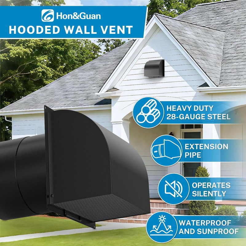 [Upgraded] Hon&Guan 6 Inch Hooded Wall Vent with Magnetic Seal Flap and Removable Mesh, Arc-Shaped 6'' Exhaust Vent Cover Cap for Kitchen Range Hood/Dryer/Bathroom Exhaust(Galvanized Steel, Black)