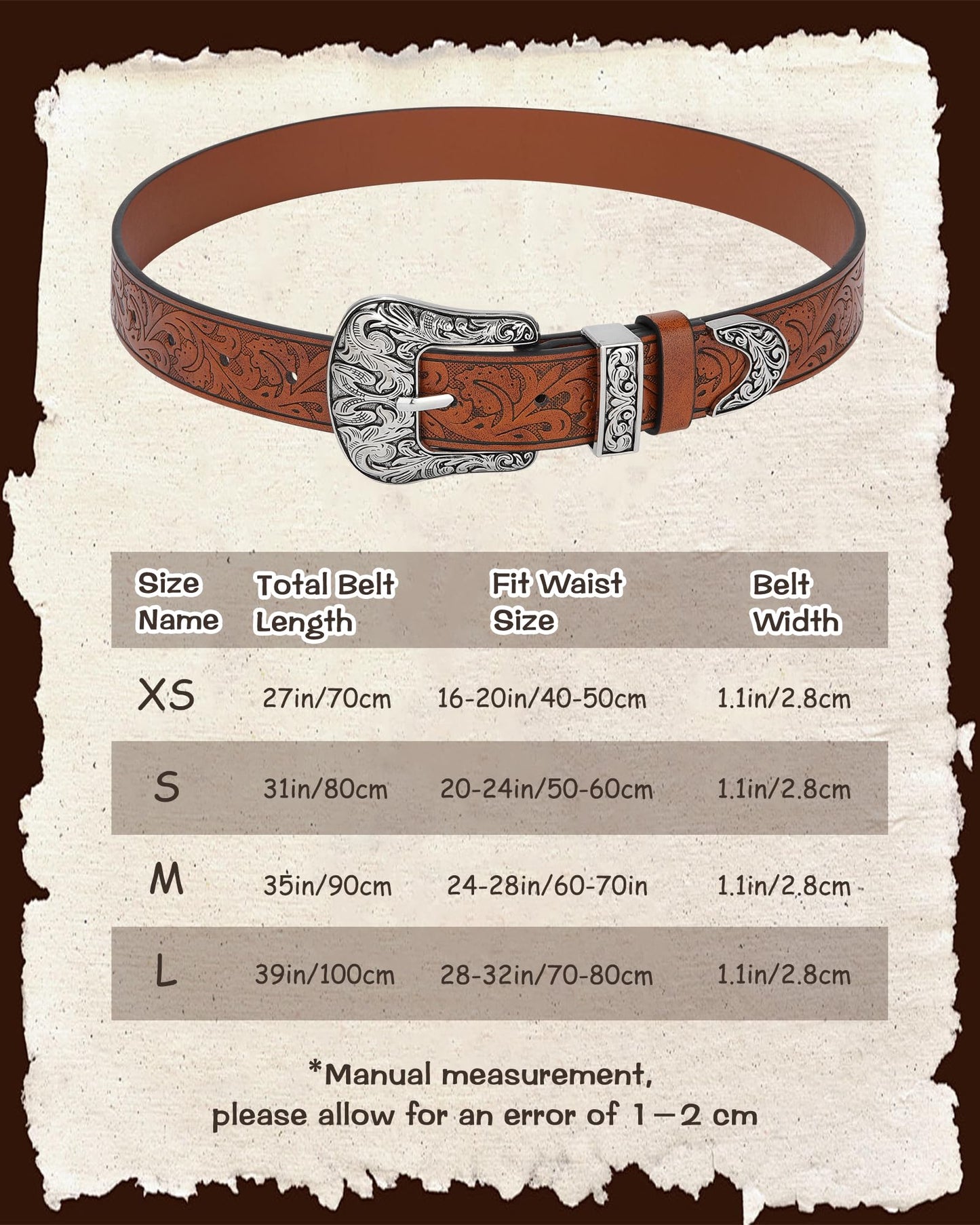 AWAYTR Kids Western Belt for Girls - Vintage Cowgirl Leather Belt for Jeans Dresses, Brown, Fit Waist 20-24in