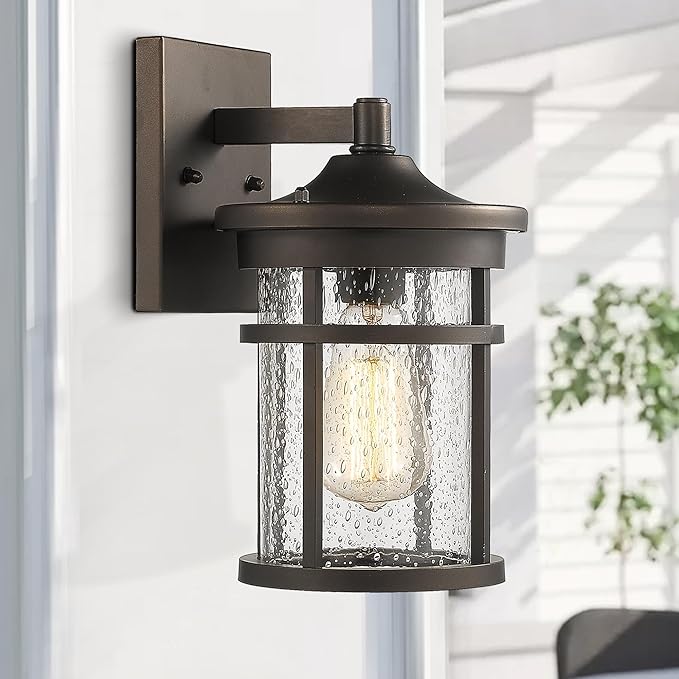 Bestshared Outdoor Wall Light, Exterior Porch Mount Light Fixture, Outdoor Wall Sconce, Front Door Lantern Lamp with Seeded Glass Shade(Oil Rubbed Bronze, 11.3" Height)