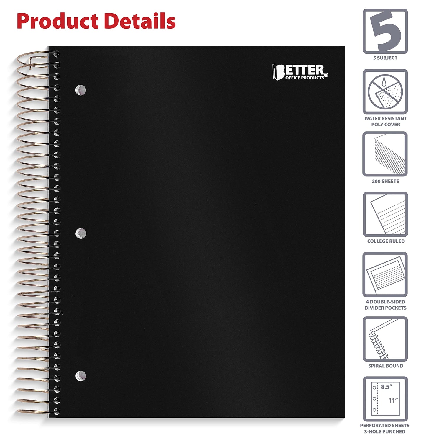 Better Office Products 5 Subject Spiral Notebook, Black Poly Cover, College Rule, 200 Sheet Notebook with 4 Double-Sided Pocket Dividers, 11 x 8.5 inches