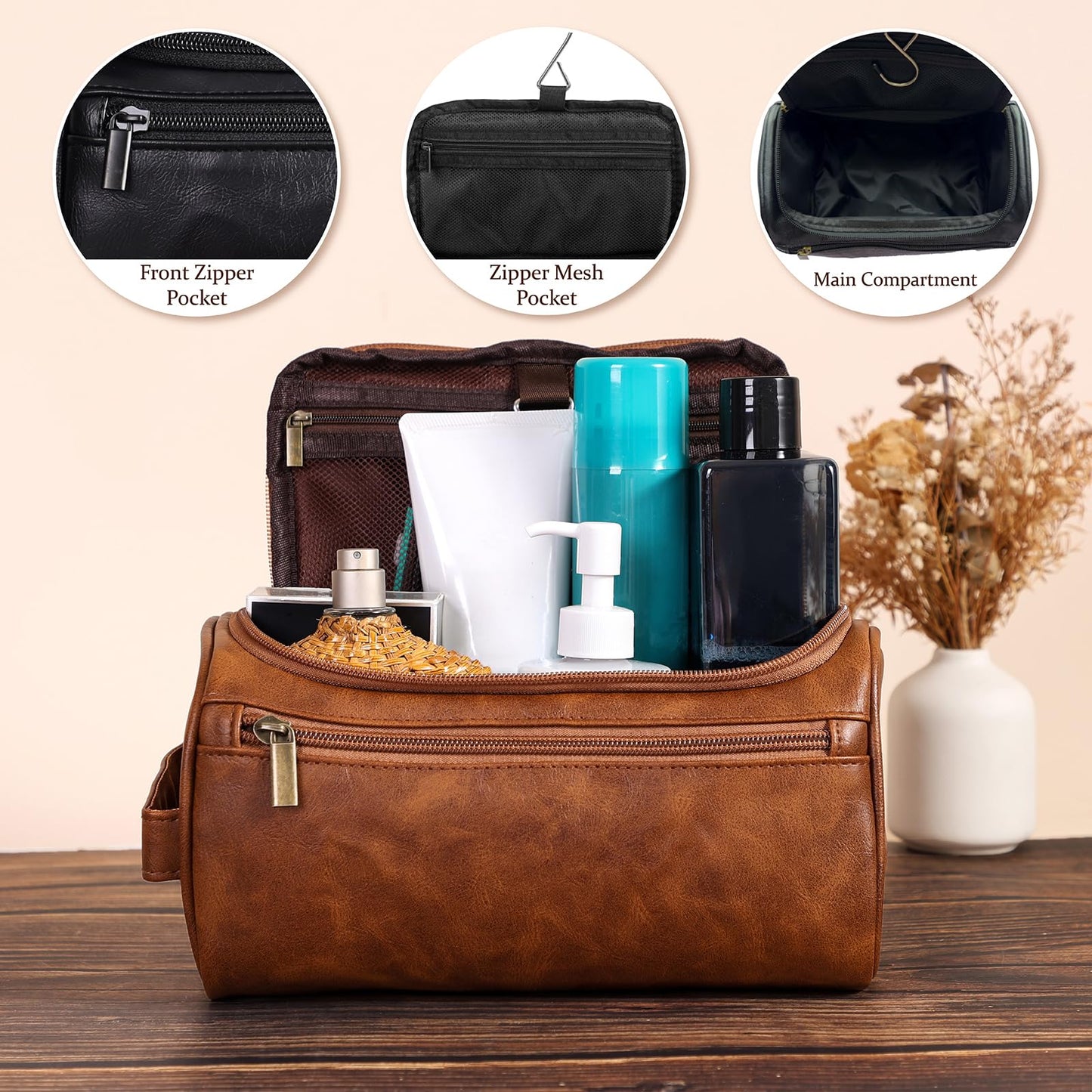 Seozata Toiletry Bag for Men, Hanging Travel Shaving Dopp Kit for Men and Women, Water-resistant Toiletries Organizer Bags, PU Leather Cosmetic Bags for Makeup Accessories (Black)